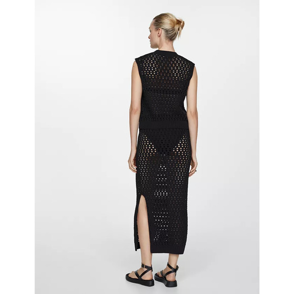 Mango Crochet Set: Open Knit Sleeveless Top & Midi Skirt Black Women's Size S - Picture 2 of 6
